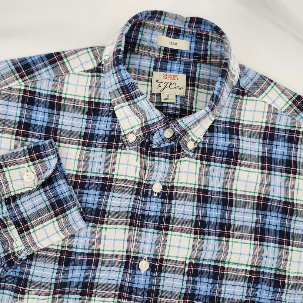 J.Crew Mens All Cotton Oxford Shirt Size S Blue Plaid Slim Fit Ivy League Preppy